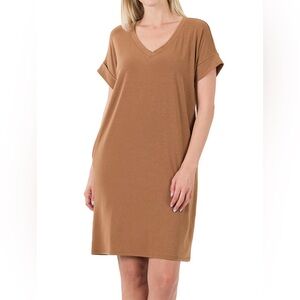 Zenana Woman Rolled Short Sleeve V-Neck T-Shirt Tunic Knee Length Dress 2X
